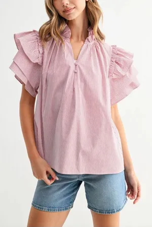 Patty Kim Pink White Striped Ruffle Neck Tiered Sleeve Blouse Medium Boho thumbnail 1