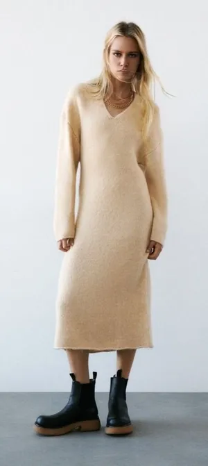 ZARA Alpaca Knit Midi Dress Light Tan Sand Coastal Blogger Favorite Medium thumbnail 1