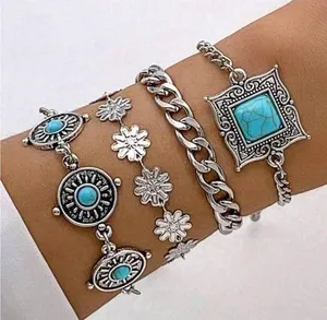 4Pcs Turquoise Boho Bracelet Set Silver thumbnail 1