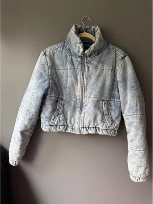 Sweet Habit Light Wash Denim Puffer Jacket, Size S thumbnail 1
