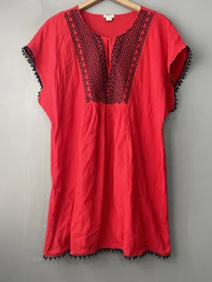 J Crew Pom Pom Tunic Top Size Medium Red Blue Gauze Embroidered Coastal Boho thumbnail 1