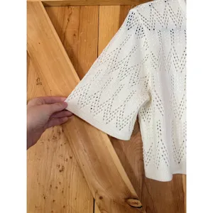 Vtg 90s Y2K Cream Crochet Knit Pointelle Cropped Cardigan Sweater Shrug Med thumbnail 5