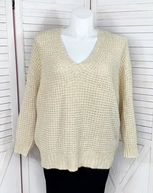 American Eagle Deep V‎ Neck Waffle Knit Oversized Chunky Sweater Tan XL thumbnail 1