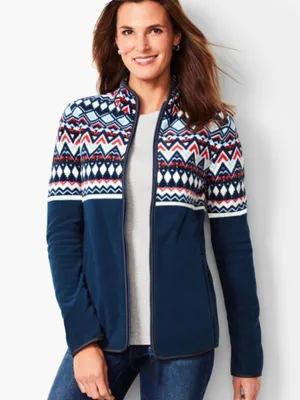 Talbots Women's Size Medium Fair Isle‎ Polar Fleece Jacket Navy Blue Full Zip thumbnail 1