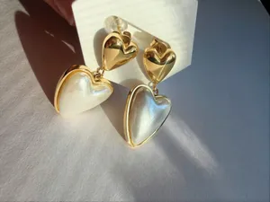 Gold double hear dangle earrings thumbnail 3