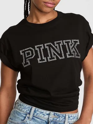 PINK Victoria's Secret Pure Black Bling Diamanté Logo Campus Short Sleeve Tee L thumbnail 1