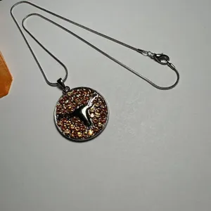 Rhinestone Texas Longhorn Round Pendant Silver Tone Chain Necklace thumbnail 2