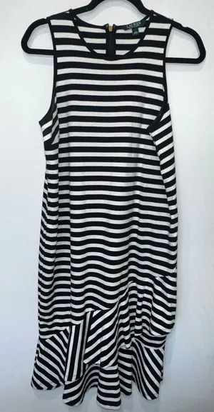 100% Cotton Ralph Lauren Women's Striped Asymmetrical Flounce Dress Blue White L thumbnail 1
