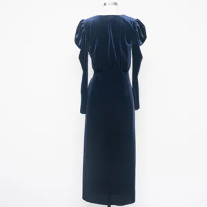 YUMI‎ KIM. New! Puff Sleeve Blue Velvet Midi Dress. thumbnail 3