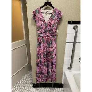 CIEBON Jennsen Ruched Flutter Sleeve Maxi Dress In Pink Size Small Floral thumbnail 3