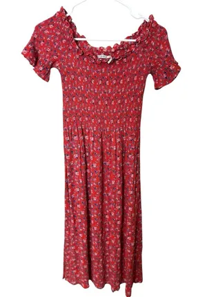 Kimchi Blue Floral Smocked Off Shoulder Midi Dress Red Ditsy Print Size Small thumbnail 1