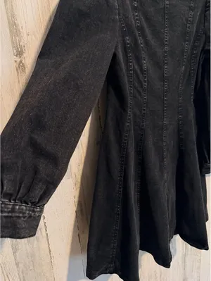 Black Acid Wash Denim Fit & Flare Mini Dress Puff Sleeve Size Small thumbnail 3