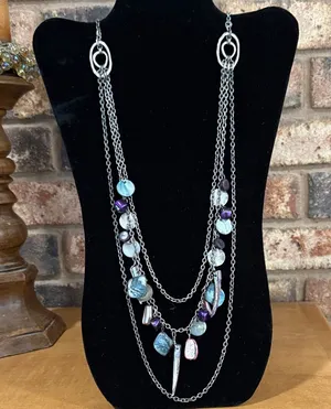 Vintage 3 Tiered Purple, Pink, and Blue Abalone Necklace thumbnail 1