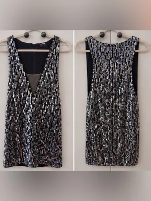 NBD Sequin Mini Dress Silver Black Deep V Party Night Club Size S thumbnail 2