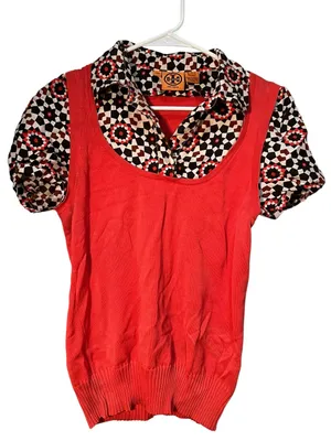 Tory Burch Women's Size Medium Twofer Sweater Blouse Coral Geometric‎ Collared thumbnail 1