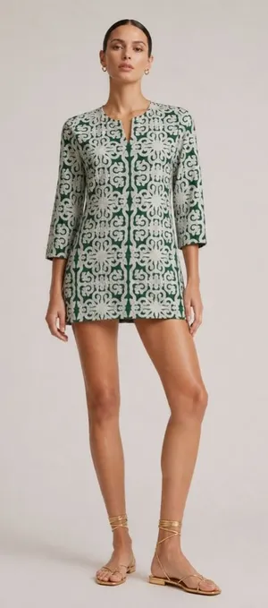 Roller Rabbit Appricus Kurta top or mini dress. Green with white appliqué. Med thumbnail 1