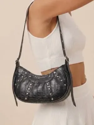 Black Faux Croc-Embossed Shoulder Bag with Stud Detail thumbnail 2