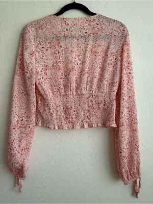 H&M Pink Floral V-Neck Smocked Waist Blouse thumbnail 2