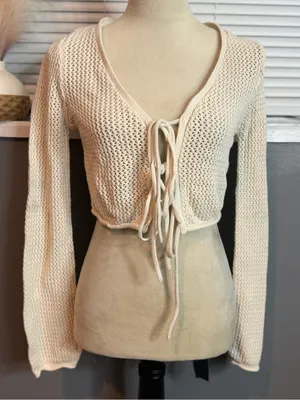 Cotton On Cream Open Knit Tie Front Cropped Cardigan Size S thumbnail 3