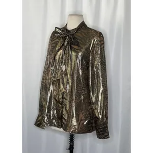 REISS Kendall Metallic Animal Print Tie Neck Blouse Gold Buttondown Size 8 thumbnail 5