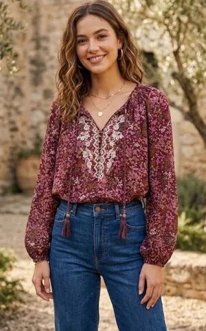 Mason & Belle Boho Floral Embroidered Tassel Blouse Top Size 1X thumbnail 1