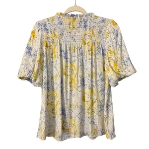 Current Air Womens Coastal Yellow Boho Floral Smocked Puff‎ Sleeve Small 2130026 thumbnail 4