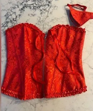 Red Satin Corset with Matching Thong New Lace Up Zip Floral Bustier Bodice XL thumbnail 1