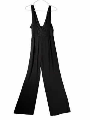 Lulus Kiska Black Lace Plunge V-Neck Wide Leg Jumpsuit Sleeveless Size Large thumbnail 8