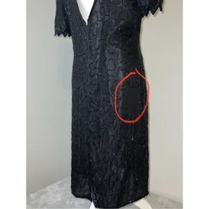 100% Silk Vintage Women’s Black Beaded Open Back MIDI Dress LARGE thumbnail 5