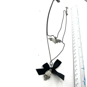 gothic layered necklace bat pendant rhinestone skull charm black bow Halloween thumbnail 3