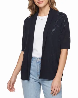 89th & Madison Cardigan Womens 1X Short Sleeve Open Front Navy Blue Fair thumbnail 1