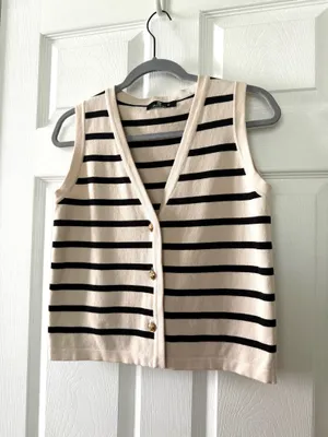 Striped Sweater Button Up Sweater Vest Tan Size XS thumbnail 8