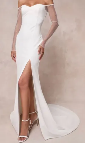 Lulus White Off the Shoulder Wedding Dress with Sheer Sleeves, X-Large thumbnail 1