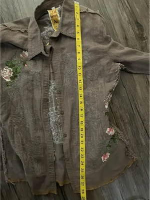 Y2K De Sport Aziza Brown Button Up Shirt Boho Embroidered M thumbnail 6