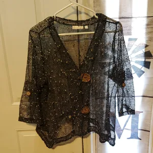 Chic Black Mesh Women's Cardigan with Button Accents thumbnail 1