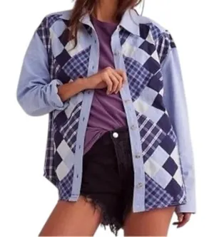 Free People Patchwork Argyle Plaid Oversized Blue Combo Chambray Shirt Small New thumbnail 1