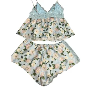 VICTORIA'S SECRET Blue LACE SATIN CAMI Pajama Babydoll S Lounge SET FLORAL I19-1 thumbnail 11