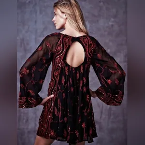 Free People My Beloved Georgette Mini Dress Black Red Sequin Embroidered Fairy 8 thumbnail 2