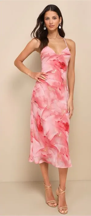 LULU’S Bright Charm Pink Abstract Pink Chiffon Slip Midi Dress thumbnail 1