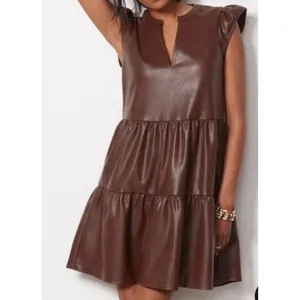 EVEREVE Ella Brown Faux Leather Tiered Babydoll Dress Sz M Boho Chic City Edgy thumbnail 2