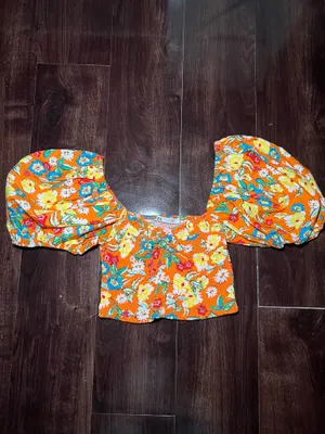 Zara Orange Floral Crop Top Crop Puff Sleeve Size Small thumbnail 2