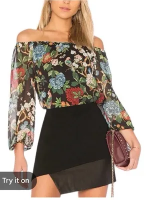 Alice + Olivia Alta Peasant Blouse top black floral birds sz S romance boho thumbnail 1