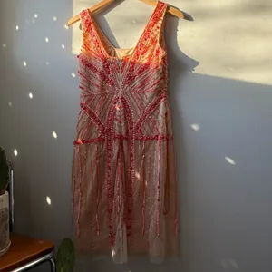 Pink and orange beaded shift dress with a boho vintage flapper 20s vibe 🔥 thumbnail 2