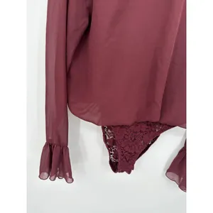Hot As Hell Mama Jen Bodysuit Top Womens S Wine Sheer Lace Open Back Y2K thumbnail 4