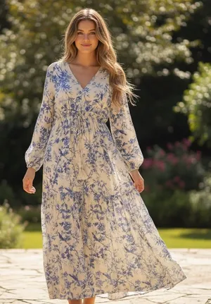 Blue Floral Long Sleeve Tiered Maxi Dress Cream/Blue XS thumbnail 1