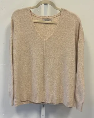 LOFT Womens V-Neck Seamed Drop Shoulder Sweater Beige Marl Size Med Neutral Fall thumbnail 1