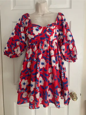Anthropologie Hutch Bold Red and Blue Puffy Sleeve Mini‎ Dress thumbnail 1