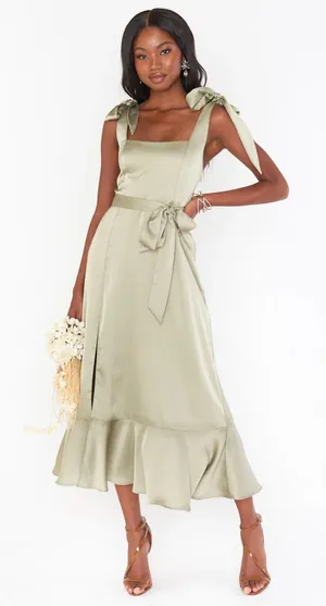 Show me Your Mumu Claire Midi Bridemaids Dress Moss Green Luxe Satin Waist Tie M thumbnail 1