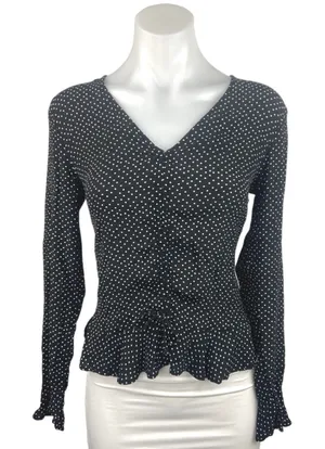 H&M Black White Polka Dot Ruffle V Neck Long Sleeve Peplum Blouse Top Size 4 thumbnail 1