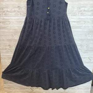 Sweet Magnolia Womens L Maxi Dress Navy Blue Eyelet Cotton Boho Coastal Tassel thumbnail 4